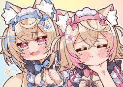 2girls :3 =_= alternate_costume animal_ears bandaid bandaid_hair_ornament blonde_hair blue_hair closed_mouth dog_ears dog_girl dog_tail fang fuwawa_abyssgard hair_ornament hairpin highres hololive hololive_english jacket kukie-nyan long_hair looking_at_viewer mococo_abyssgard multicolored_hair multiple_girls open_mouth pink_eyes pink_hair scratching_chin short_hair siblings sisters skin_fang smile streaked_hair tail thumbs_up twins very_long_hair virtual_youtuber white_jacket x_hair_ornament