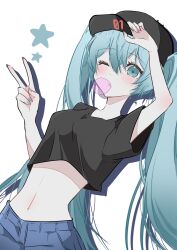 1girl absurdres adjusting_clothes adjusting_headwear blue_eyes blue_hair chewing_gum crop_top denim hatsune_miku highres jeans long_hair navel one_eye_closed pants ria_art simple_background star_(symbol) stomach twintails v very_long_hair vocaloid white_background