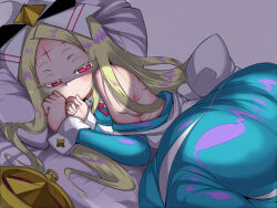 Rule 34 | 1girl, bare shoulders, bed, bed sheet, blonde hair, blue dress, bow, closed mouth, dress, facial mark, forehead mark, hair ribbon, half-closed eyes, long hair, long sleeves, love0craft, lying, mahou shoujo ni akogarete, morino korisu, nero alice, off shoulder, on side, pillow, red eyes, ribbon, simple background, smile, solo, white bow, white ribbon, wrist cuffs