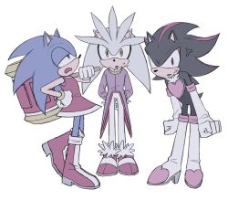 3boys amy_rose amy_rose_(cosplay) anger_vein angry bare_shoulders blaze_the_cat blaze_the_cat_(cosplay) blue_fur bodysuit boots bowwow_cn bracelet cosplay dress elbow_gloves full_body furry furry_male gloves gold_bracelet green_eyes grey_fur half-closed_eyes hammer hand_on_own_hip hedgehog_boy high_heels highres holding holding_hammer jacket jewelry long_sleeves looking_at_viewer multiple_boys pants purple_jacket red_boots red_dress red_eyes red_fur red_high_heels rouge_the_bat rouge_the_bat_(cosplay) shadow_the_hedgehog silver_the_hedgehog simple_background sleeveless sleeveless_dress sonic_(series) sonic_the_hedgehog strapless strapless_bodysuit toy_hammer two-tone_fur white_background white_boots white_gloves white_pants yellow_eyes