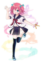 1girl ;d beamed_quavers black_thighhighs blue_eyes blue_shoes bow crotchet_rest female_focus hair_bow hair_ribbon holding long_hair looking_at_viewer mary_janes microphone musical_note one_eye_closed open_mouth original purin_jiisan quaver quaver_rest red_hair ribbon school_uniform serafuku shoes smile solo thighhighs two_side_up waving zettai_ryouiki