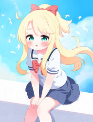 1girl ahoge animal aqua_eyes bird blonde_hair blue_skirt blush bow bowtie cloud collarbone hair_bow himesaka_noa leaning_forward lens_flare long_hair looking_at_viewer open_mouth ponytail r245 red_bow red_bowtie school_uniform shirt short_sleeves sitting skirt sky watashi_ni_tenshi_ga_maiorita! white_shirt