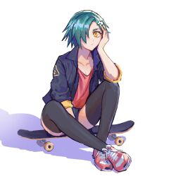 1girl between_legs black_jacket black_shorts black_thighhighs blue_hair bow breasts cleavage closed_mouth collarbone collared_jacket commentary crossed_ankles dot_nose elbow_on_knee english_commentary expressionless eyebrows_hidden_by_hair full_body hair_bow hair_over_one_eye hand_between_legs hand_on_own_cheek hand_on_own_face head_rest highres jacket knees_up leaning_forward long_eyelashes looking_at_viewer open_clothes open_jacket original parted_bangs pink_shirt pink_shoes shadow shirt shirt_tucked_in shoes short_hair short_shorts shorts sidelocks simple_background sitting sitting_on_object skateboard sketch sleeves_rolled_up small_breasts sneakers solo spiked_hair thick_eyebrows thick_eyelashes thighhighs thighs v-shaped_eyebrows vertigris white_background white_bow yellow_eyes
