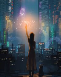 Rule 34 | 2others, animal, arm up, beach, blue theme, blurry, city lights, cityscape, depth of field, dim lighting, fireworks, full body, glowing, highres, holding, holding fireworks, multiple others, neon lights, night, original, power lines, sam yang, scenery, sitting, sparkler, standing, translation request, utility pole