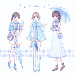3girls :q absurdres ari_(oonmnmooo) bag black_hair blue_bag blue_bow blue_eyes blue_nails blue_ribbon blue_shirt blue_shoes blue_theme blush boots bow bracelet braid breasts brown_shoes cloud_print commentary drink drinking_straw fashion fingernails full_body hair_bow hair_ribbon highres holding holding_bag holding_drink holding_umbrella jewelry looking_at_viewer multiple_girls nail_polish original overalls pleated_skirt ponytail purple_bag raincoat ribbon rubber_boots shirt shoelaces shoes skirt sleeveless sleeveless_shirt symbol-only_commentary tongue tongue_out umbrella white_background white_overalls white_skirt