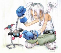 1boy absurdres arm_tattoo bandaged_arm bandages belt blue_eyes blue_gloves chain closed_eyes creature ear_piercing gloves glyvees green_pants highres jewelry necklace no_mouth one_eye_closed original pants piercing shoes short_hair sitting sneakers solo spike_ball tattoo very_short_hair white_hair white_shoes white_sneakers white_wings wings