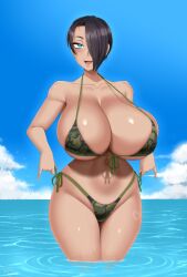 1girl bikini black_hair blue_eyes breasts camouflage camouflage_bikini cleavage curvy hair_over_one_eye heart highleg highleg_swimsuit highres huge_breasts in_water open_mouth original saya_(twrlare) short_hair solo swimsuit tan thong thong_bikini twrlare wet wide_hips