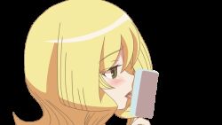 1girl animated animated_gif bare_shoulders blonde_hair blush eyes_visible_through_hair food from_side green_eyes hair_between_eyes holding holding_food holding_ice_cream ice_cream ice_cream_bar ishitobi_kanna licking long_hair portrait shinohayu_the_dawn_of_age simple_background smile solo tongue transparent_background