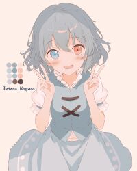 1girl :d absurdres aqua_eyes aqua_hair aqua_skirt aqua_vest blush brown_background character_name color_guide commentary_request cowboy_shot double_v heterochromia highres iris-san looking_at_viewer open_mouth puffy_short_sleeves puffy_sleeves red_eyes shirt short_hair short_sleeves simple_background skirt smile solo tatara_kogasa touhou v white_shirt