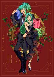 Rule 34 | absurdres, aged up, bare shoulders, black dress, black gloves, black jacket, black necktie, black pants, breasts, brother and sister, brown shirt, collarbone, dress, full body, gift, gloves, green hair, high ponytail, highres, holding, holding gift, jacket, jewelry, long hair, lua (yu-gi-oh!), luca (yu-gi-oh!), medium breasts, necklace, necktie, ojing oppa (o b s 00), pants, pearl necklace, ponytail, red background, shirt, siblings, simple background, strapless, strapless dress, twins, vest, white vest, yellow eyes, yu-gi-oh!, yu-gi-oh! 5d&#039;s