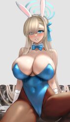 1girl absurdres animal_ears asuna_(blue_archive) asuna_(bunny)_(blue_archive) asymmetrical_bangs blonde_hair blue_archive blue_bow blue_bowtie blue_eyes blue_halo blue_leotard bow bowtie breasts detached_collar fake_animal_ears gloves hair_over_one_eye halo highleg highleg_leotard highres large_breasts leotard long_hair looking_at_viewer mole mole_on_breast official_alternate_costume pantyhose playboy_bunny rabbit_ears raskasar smile solo strapless strapless_leotard thighband_pantyhose traditional_bowtie white_gloves