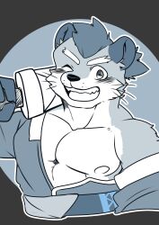 1boy absurdres animal_ears bara chinese_commentary choi_yuhee_(xxl) commentary_request facial_mark furry furry_male grin highres holding holding_weapon looking_at_viewer male_focus monochrome muscular muscular_male nipples one_eye_closed over_shoulder pectorals ponytail sakusaya smile weapon weapon_over_shoulder weasel_boy weasel_ears whisker_markings xxl_woofia