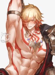 1boy abs absurdres arm_strap arm_tattoo arm_up armpit_crease armpits bare_pectorals blonde_hair blush chest_tattoo coat collarbone earrings embarrassed facial_tattoo gold_earrings gold_necklace gradient_hair hair_between_eyes highres honkai:_star_rail honkai_(series) jewelry large_pectorals male_focus matuka10101 medium_hair multicolored_hair muscular muscular_male mydei_(honkai:_star_rail) necklace nipples open_clothes pectorals red_hair red_tattoo short_hair simple_background solo stomach_tattoo tattoo tickling upper_body white_background yellow_eyes