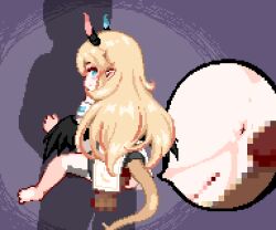 1boy 1girl anal animated animated_gif anus barefoot black_wings blonde_hair blue_eyes blush bottomless censored commission cum cum_in_ass cum_overflow dark-skinned_male dark_skin demon_horns ejaculation feathered_wings from_behind hetero hinainf horns invisible_man loli long_hair low_wings lowres mosaic_censoring original paid_reward_available penis pixel_art pointy_ears pussy sex simple_background standing suspended_congress tail wings zoom_layer