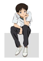 Rule 34 | 1boy, black pants, blue eyes, blue shirt, brown hair, closed mouth, collared shirt, crew neck, elbow on leg, full body, head rest, highres, ikari shinji, invisible chair, male focus, neon genesis evangelion, open collar, pants, popo92 z, school uniform, shirt, shirt tucked in, shoes, short sleeves, sitting, solo, tokyo-3 middle school uniform, white shirt, wing collar