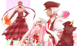 Rule 34 | 4boys, abs, androgynous, animal, aqua eyes, armband, bandages, belt, blanket, blindfold, blonde hair, blue eyes, blush, bow, byakuya genrou, collar, collarbone, colored eyelashes, crossdressing, dark-skinned male, dark skin, dog, earrings, fire, formal clothes, gloves, gradient hair, grin, hair between eyes, hair bow, hair ornament, hand on own hip, happy, hat, height difference, hoop earrings, jacket, jewelry, long hair, long skirt, looking at another, male focus, multicolored hair, multiple boys, musashi (nanbaka), muscular, nail polish, nanbaka, necktie, nipple piercing, number tag, number tattoo, open mouth, piercing, pink hair, ponytail, red eyes, red hair, scar, short twintails, sidelocks, simple background, skirt, smile, sparkle, spiked hair, standing, striped clothes, striped skirt, sugoroku hitoshi, suit, tattoo, torn clothes, trap, twintails, two-tone hair, white background, white hair, yozakura kenshirou