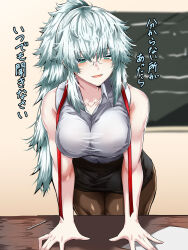1girl bare_shoulders bespectacled blush breasts chalkboard desk earrings fate/grand_order fate/samurai_remnant fate_(series) formal_clothes glasses green_eyes highres jewelry kishimen_hair long_hair looking_at_viewer medium_breasts on_desk patterned_legwear pencil_skirt ponytail ribbon school_desk shirt sidelocks skirt skirt_suit sleeveless sleeveless_shirt solo suit teacher tgxx3300 white_hair white_shirt yui_shousetsu_(fate)