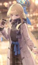 Rule 34 | 1girl, 1other, akanora, alternate costume, blonde hair, blue archive, blue bow, blue eyes, blue halo, blue nails, blurry, blurry background, bow, braid, brown coat, brown skirt, closed mouth, coat, cup, disposable coffee cup, disposable cup, duffel coat, earrings, enpera, grey scarf, grey sweater, hair bow, half up braid, halo, highres, holding, holding cup, holding hands, jewelry, long hair, long skirt, long sleeves, looking at viewer, open clothes, open coat, plaid clothes, plaid scarf, plaid skirt, ribbed sweater, ring, scarf, skirt, smile, solo focus, sweater, toki (blue archive), tsurime, twitter username, upper body