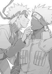 2boys adam&#039;s_apple commentary_request covered_mouth eye_contact facial_mark forehead_protector greyscale hand_on_another&#039;s_shoulder hatake_kakashi i_(kaiyou) konohagakure_shinobi_uniform konohagakure_symbol long_sleeves looking_at_another male_focus mask monochrome multiple_boys naruto_(series) naruto_shippuuden one_eye_covered parted_lips pointing short_hair sideburns simple_background uzumaki_naruto vest whisker_markings white_background yaoi zipper zipper_pull_tab