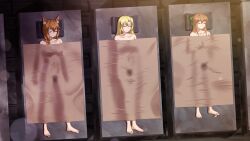 3girls absurdres animal_ear_fluff animal_ears barefoot blonde_hair bow brown_hair cat_ears cat_girl cat_tail corpse death ema_(sokushi_cheat_ga_saikyou_sugite_isekai_no_yatsura_ga_marude_aite_ni_naranai_n_desu_ga) erika_(sokushi_cheat_ga_saikyou_sugite_isekai_no_yatsura_ga_marude_aite_ni_naranai_n_desu_ga) green_eyes hair_bow highres mireille_(sokushi_cheat) multiple_girls outline sokushi_cheat_ga_saikyou_sugite_isekai_no_yatsura_ga_marude_aite_ni_naranai_n_desu_ga tail