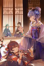 alternate_costume blue_hair book brown_hair chinese_clothes choker embroidery flower ganyu_(genshin_impact) genshin_impact green_hair hair_ornament hanfu highres holding holding_book horns hu_tao_(genshin_impact) huashengmi looking_at_another multicolored_hair pale_skin qixiong_ruqun slice_of_life string tea_cup twintails xiao_(genshin_impact) zhongli_(genshin_impact)