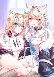 2girls animal_ear_fluff animal_ears bandaid bandaid_hair_ornament belt black_jacket blonde_hair blue_belt blue_eyes blue_hair breasts cleavage collarbone dog_ears dog_girl dog_tail dress fishnet_thighhighs fishnets fuwawa_abyssgard fuwawa_abyssgard_(1st_costume) hair_ornament hairclip headphones headphones_around_neck highres hololive hololive_english horn_hairband jacket kan_(kan0108) large_breasts long_hair looking_at_viewer medium_breasts mococo_abyssgard mococo_abyssgard_(1st_costume) multicolored_hair multiple_girls open_clothes open_jacket open_mouth parallel_hairclips pink_eyes pink_hair shirt short_hair siblings sisters smile stomach tail thighhighs thighs twins twitter_username virtual_youtuber white_dress white_shirt x_hair_ornament