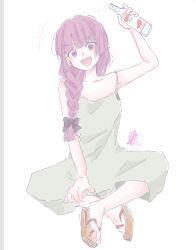 +++ 1girl :d @_@ arm_up bare_arms bare_shoulders black_bow bocchi_the_rock! bottle bow braid brown_sandals collarbone dress full_body green_dress hair_bow hair_over_shoulder head_tilt highres hiroi_kikuri holding holding_bottle long_hair open_mouth purple_eyes purple_hair sandals seila_rei sharp_teeth simple_background single_braid sitting smile solo strap_slip teeth v-shaped_eyebrows white_background zouri