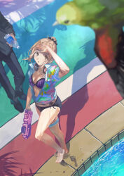 Rule 34 | 1boy, 1girl, arm up, bikini, bird, black scrunchie, black suit, blue jacket, bottle, brand name imitation, breasts, brown eyes, brown hair, cleavage, flying, formal clothes, from above, hair ornament, hair scrunchie, headphones, headphones around neck, high ponytail, highres, holding, holding bottle, holding water gun, idolmaster, idolmaster shiny colors, jacket, jacket over swimsuit, looking up, medium breasts, medium hair, otsudou, out of frame, parrot, parted lips, partially unzipped, pocari sweat, ponytail, poolside, sakuragi mano, scrunchie, shading eyes, shadow, short ponytail, sidelocks, suit, swimsuit, thigh strap, water gun