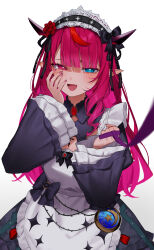 Rule 34 | 1girl, :d, aotake iro, apron, black dress, black headdress, blue eyes, blunt bangs, chest bow, commentary, crystal wings, double halo, dress, drill hair, drill sidelocks, english commentary, halo, hand up, heart, heart-shaped pupils, heterochromia, highres, holding, holding leash, hololive, hololive english, irys (hololive), irys (maid) (hololive), juliet sleeves, lace-trimmed collar, lace-trimmed headdress, lace trim, leash, long hair, long sleeves, looking at viewer, maid, maid apron, multicolored hair, official alternate costume, official alternate hairstyle, open mouth, pointy ears, pov, puffy sleeves, sidelocks, simple background, smile, solo, star (symbol), star halo, streaked hair, symbol-shaped pupils, victorian maid, viewer on leash, virtual youtuber, white apron, white background, wide sleeves, yandere