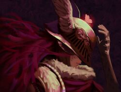 1girl black_background bug butterfly butterfly_on_head cape closed_mouth covered_eyes elden_ring fur-trimmed_cape fur_trim helmet helmet_over_eyes highres insect jeseni long_hair malenia_blade_of_miquella red_cape red_hair scar scar_on_face solo upper_body valkyrie visor_(armor) white_fur winged_helmet