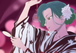 1girl absurdres bag blurry blurry_background braid braided_bun collarbone delicious_party_precure fish floral_print flower from_side goldfish goldfish_scooping green_hair hair_bun hair_flower hair_ornament hands_up highres itaoka1 japanese_clothes kimono long_hair multicolored_polka_dots neck net obi parted_bangs plastic_bag polka_dot precure red_eyes sash secretoru_(precure) solo solo_focus summer_festival upper_body yukata