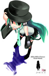 bad_id bad_pixiv_id green_eyes green_hair hat hatsune_miku headphones highres jamiroquai kazuboh microphone necktie parody skirt solo thighhighs vocaloid zettai_ryouiki
