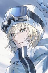 1boy alternate_costume beanie blonde_hair blue_eyes blue_mittens chinese_commentary close-up closed_mouth commentary_request goggles goggles_on_head hair_between_eyes hat highres hunter_x_hunter jacket kurapika looking_ahead male_focus mittens ppttppff solo striped_clothes striped_jacket upper_body vertical-striped_clothes vertical-striped_jacket white_hat white_jacket winter_clothes
