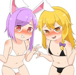 2boys animal_ears bikini black_bikini blonde_hair blush bow bulge chanpuru_(nicoseiga_67544477) commentary_request cookie_(touhou) cowboy_shot crossdressing double_v genderswap genderswap_(ftm) hair_bow hisui_(cookie) kirisame_marisa long_hair looking_at_viewer male_focus micro_bikini multiple_boys nose_blush open_mouth purple_bow purple_hair rabbit_boy rabbit_ears rei_(cookie) reisen_udongein_inaba short_hair simple_background smile swimsuit touhou trap v white_background white_bikini