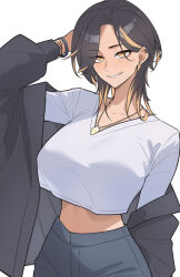 1girl absurdres arm_behind_head arm_up black_hair blue_pants blush collarbone cropped_shirt dark-skinned_female dark_skin ear_piercing highres hotaru_(nokaa_aru) jewelry long_sleeves medium_hair multicolored_hair necklace nokaa_aru orange_eyes orange_hair original pants parted_bangs parted_lips piercing shirt simple_background smile solo streaked_hair white_background white_shirt