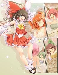 5girls animal_ears bare_shoulders blue_eyes bow breasts brown_hair cat_ears cleavage detached_sleeves gohei green_eyes green_hair hair_bow hairband hakurei_reimu haraegushi highres ichirino_minagi kaenbyou_rin komeiji_koishi komeiji_satori large_breasts mary_janes multiple_girls onozuka_komachi onsen oonusa pink_hair red_eyes red_hair reiuji_utsuho shoes touhou twintails two_side_up