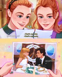 Rule 34 | 1boy, 3girls, annie james, aqua nails, artist name, black hair, black jacket, black necktie, blonde hair, collared shirt, dress, elizabeth james, english text, father and daughter, green eyes, hallie parker, highres, holding, holding photo, husband and wife, jacket, luztapiaart, mother and daughter, multiple girls, necktie, nick parker, orange hair, photo (object), shirt, sleeveless, sleeveless dress, the parent trap, torn photo, watermark, white dress, white shirt