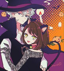 Rule 34 | 1boy, 1girl, alternate costume, alternate eye color, animal ears, bede (pokemon), bell, black dress, black vest, blush stickers, brown hair, cape, closed mouth, collar, commentary request, dress, eyelashes, gloria (pokemon), hair between eyes, halloween, hat, highres, looking at viewer, neck bell, nintendo, pokemon, pokemon swsh, purple eyes, shinogo no, shirt, tail, upper body, vest, white shirt, wizard hat, yellow eyes