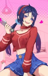Rule 34 | 1girl, blood, bloody knife, blue eyes, blue hair, blue skirt, commentary request, crazy mita (miside), crazy smile, crop top, fang, flower, flower hairtie, hair ornament, hairband, hairclip, heart, highres, holding, holding knife, knife, lamp, long hair, long sleeves, looking at viewer, low twintails, midriff, miside, mita (miside), open mouth, pink background, pink blood, radio, red hairband, red shirt, ryoha kosako, shirt, skirt, smile, symbol-shaped pupils, twintails, vase