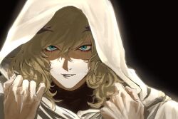 1boy arms_up black_background blonde_hair blue_eyes cape commentary dontdespair365 hashtag-only_commentary highres hood hood_up hooded_cape horns long_hair looking_at_viewer louis_(metaphor:_refantazio) lower_eyelashes_only male_focus metaphor:_refantazio parted_bangs parted_lips partially_shaded_face sanpaku simple_background smile solo straight-on teeth upper_body wavy_hair white_cape