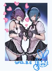 2boys 2n5 androgynous apron black_dress black_gloves blue_hair dress frilled_apron frills gloves hair_ornament hairclip heart heart_hands heart_hands_failure highres iriya-kun looking_at_viewer low_ponytail maid maid_apron maid_headdress medium_hair mikel-kun multiple_boys open_mouth original ponytail puffy_short_sleeves puffy_sleeves purple_eyes purple_hair short_sleeves trap waist_apron white_apron wrist_cuffs yellow_eyes