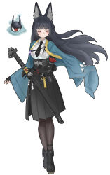 1girl absurdres animal_ear_fluff animal_ears black_boots black_hair black_pantyhose black_skirt boots closed_mouth dress_shirt fingerless_gloves fox_ears fox_girl full_body gauntlets gloves green_jacket hair_between_eyes high-waist_skirt highres hoduttang holding holding_sword holding_weapon hoshimi_miyabi jacket long_hair pantyhose shirt sidelocks simple_background skirt solo sword tailless_(zenless_zone_zero) weapon white_background white_shirt zenless_zone_zero
