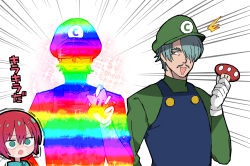 Rule 34 | 1girl, 2boys, amate yuzuriha, blonde hair, blue hair, blue overalls, challia bull, char aznable, commentary request, cosplay, facial hair, gloves, green sweater, gundam, gundam gquuuuuux, highres, holding, holding mushroom, looking at viewer, luigi, luigi (cosplay), mario, mario (cosplay), mario (series), mobile suit gundam, multiple boys, mushroom, mustache, nintendo, overalls, red hair, red sweater, sabi1234, short hair, simple background, smile, super mushroom, surprised, sweatdrop, sweater, translation request, upper body, white background, white gloves