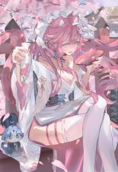 1girl alcohol animal_ears awaken_fuuta bare_shoulders black_choker black_sash bottle breasts cat_mask chattino_(raora_panthera) choker cleavage crossed_legs cup feather_boa floral_print floral_print_kimono hair_ribbon highres holding holding_bottle holding_cup hololive hololive_english japanese_clothes kimono large_breasts long_hair long_sidelocks looking_at_viewer mask mask_on_head multicolored_hair nail_polish obi off_shoulder official_alternate_costume official_alternate_hairstyle open_mouth outdoors panther_ears panther_girl panther_tail pink_hair pink_nails print_kimono raora_panthera raora_panthera_(new_year) ribbon ribbon-trimmed_thighhighs ribbon_trim sakazuki sake sash shrine side_slit sidelocks sitting smile solo streaked_hair tail thigh_strap thighhighs tokkuri twintails virtual_youtuber white_hair white_kimono white_mask white_ribbon white_thighhighs wide_sleeves yellow_eyes
