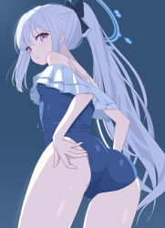 1girl absurdres adjusting_clothes adjusting_swimsuit aikawa_yuduki arms_behind_back ass blue_archive blue_background blue_halo blue_one-piece_swimsuit breasts crotch frilled_one-piece_swimsuit frills from_below halo highres light_blush long_hair looking_at_viewer looking_back miyako_(blue_archive) miyako_(swimsuit)_(blue_archive) off-shoulder_one-piece_swimsuit off_shoulder official_alternate_costume official_alternate_hairstyle one-piece_swimsuit parted_lips ponytail purple_eyes sidelocks simple_background small_breasts solo swimsuit thighs white_hair wispy_bangs