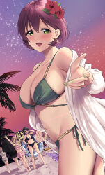 Rule 34 | 6+girls, absurdres, angry, arm behind head, ass peek, beach, bikini, bikini shorts, bikini skirt, black bikini, black hair, blush, breasts, brown eyes, brown hair, cityscape, cleavage, commentary request, earrings, flower, from behind, fukuhara mikoto, gradient sky, green bikini, green eyes, grey hair, hair flower, hair ornament, highres, hyodo sayuri, jewelry, kizaki akira, kurobane sakura, kurobane sakuya, large breasts, long hair, looking at viewer, love live!, love live! school idol festival, mole, mole under mouth, multiple girls, nail polish, nanatsu no umi, navel, open clothes, open mouth, open shirt, orange sky, palm tree, pink bikini, purple hair, purple sky, sakamaki chiduko, shiga hitomi, shirt, short hair, shorts, siblings, sisters, sky, smile, solo focus, sphere hair ornament, star (sky), starry sky, swim ring, swimsuit, takamagahara mutsuki, tree, tsukishima yuka, twilight, water, water gun, white bikini, white shirt