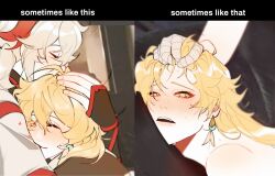 2boys aether_(genshin_impact) ahoge antenna_hair armor bandaged_hand bandages black_gloves blonde_hair blush closed_eyes comforting earrings english_text fingerless_gloves fucked_silly genshin_impact gloves grabbing_another&#039;s_hair grey_hair highres implied_anal implied_sex japanese_armor jewelry kaedehara_kazuha kote kurokote long_hair looking_at_viewer male_focus meme multicolored_hair multiple_boys on_bed open_mouth red_hair single_earring smile sn_jiho sometimes_like_this/also_like_that_(meme) streaked_hair white_hair yaoi yellow_eyes
