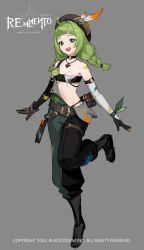 1girl :d ahoge asymmetrical_gloves asymmetrical_sleeves beret black_boots black_gloves black_overalls black_sleeves black_tube_top blunt_bangs boots braid breasts brown_gloves brown_hat copyright_name copyright_notice detached_sleeves full_body gloves green_eyes green_hair grey_background hat hat_feather highres logo long_hair looking_at_viewer low_twin_braids mismatched_gloves mismatched_sleeves monica_(rememento) official_art open_mouth overalls panty_straps rememento:_white_shadow small_breasts smile solo standing standing_on_one_leg strapless suspenders suspenders_slip tachi-e teeth tube_top twin_braids upper_teeth_only white_sleeves