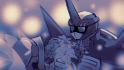 armor blitzmon blush butterfly_hair_ornament butterfly_wings digimon digimon_frontier fairimon flower hair_ornament horn insect_wings looking_at_another mask wings