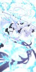 1girl absurdres ahoge animal_ear_fluff animal_ears black_shoes black_shorts black_thighhighs braid commentary_request detached_sleeves earrings fox_ears fox_girl fox_tail green_eyes hair_between_eyes highres holding holding_sword holding_weapon hololive hood hoodie jewelry katana long_hair looking_at_viewer shirakami_fubuki shirakami_fubuki_(1st_costume) shoes short_shorts shorts sidelocks single_braid single_thighhigh smile solo sword tail tatsunami1379 thigh_strap thighhighs virtual_youtuber weapon white_hair white_hoodie